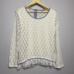 Vintage Gimmick By BKE Cream Lace Crochet Long Sleeve‎ Fringe Hem  Top Size L